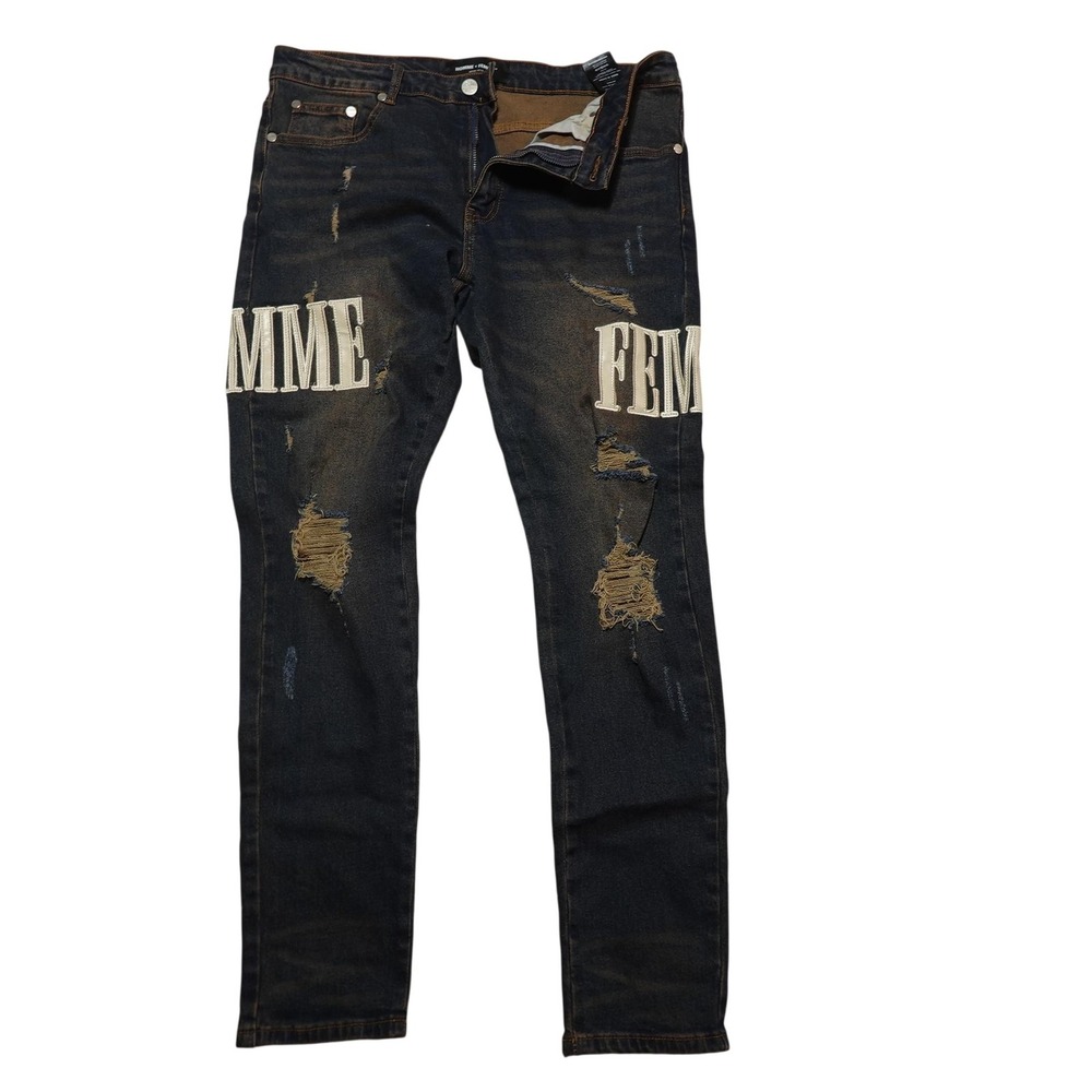 Homme + Femme Jeans Mens 34x33 Blue Distressed Skinny Stretch Denim Logo Patch